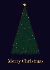 Christmas tree is drawn with thick green lines and small ornaments on a dark blue background