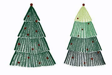 Two Christmas trees are drawn with green diagonal lines 