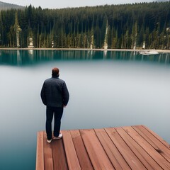 Fototapeta premium Man Wearing Jacket Standing on Wooden Docks Leading to Body of Water