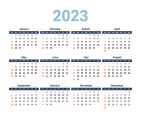 2023 annal calendar template, simple calendar with dark orange color in sunday and black in other day, and grey color in previews and last days, vector illustration