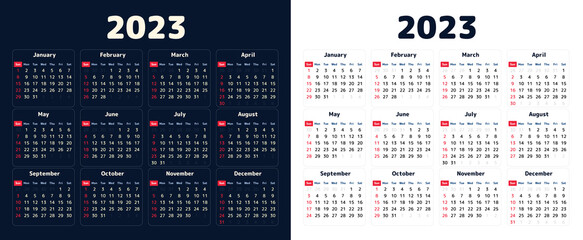 2023 annal calendar template in dark and light theme, simple calendar with red color in sunday and black or white in other day, and grey color in previews and last days, vector illustration