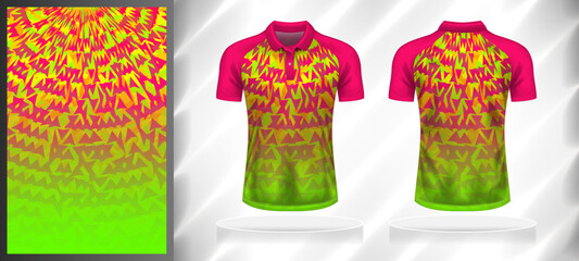 Vector sport pattern design template for Polo T-shirt front and back with short sleeve view mockup. Shades of pink-green-yellow-orange color gradient abstract geometry texture background illustration.