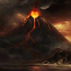 A massive volcano erupts, spewing ash and lava. 