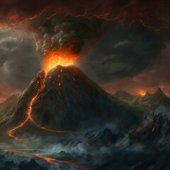 A massive volcano erupts, spewing ash and lava. 