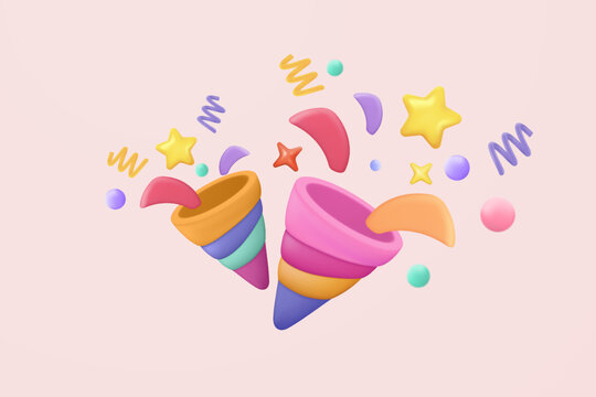 3d party poppers with flying confetti. Firecracker explodes with ribbon explode for surprise, winner, birthday party and anniversary with cone popper. 3d confetti bang icon vector render illustration