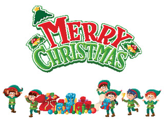 Merry Christmas text with elves cartoon character
