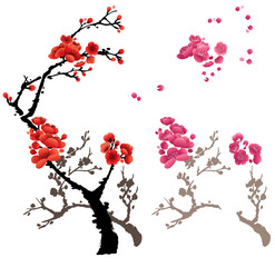 Plum blossom drawing presented in Chinese ink painting style. PNG file.