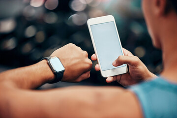 Mockup, tech and woman with smartwatch and phone linking mobile app, time and online data....