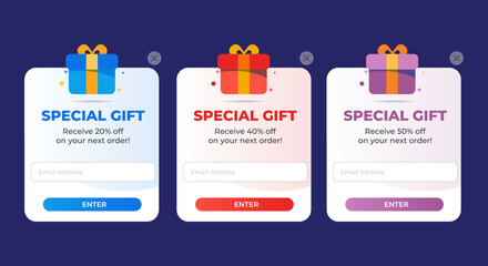 Set of special gift notification pop up banner with mail subscription login. Professional web design, mobile ui elements. User-friendly design materials. Vector EPS 10