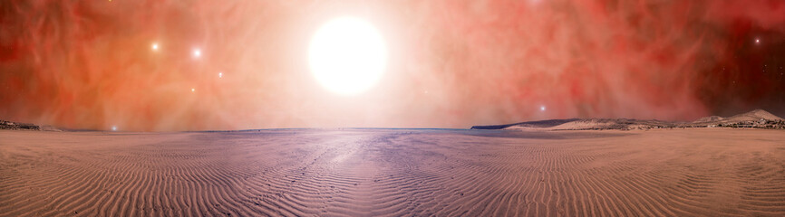 panorama Sandy desert on exoplanet with bright sun on red sky background