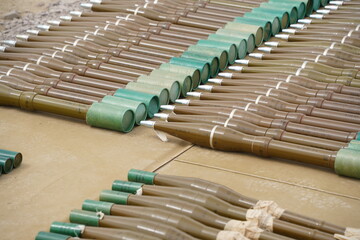 Almaty, Kazakhstan - 04.14.2022 : Grenades for a hand grenade launcher are laid out in a row at...