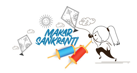 Happy Makar Sankranti. Indian Hindu festival with Kite flying, city skyline background