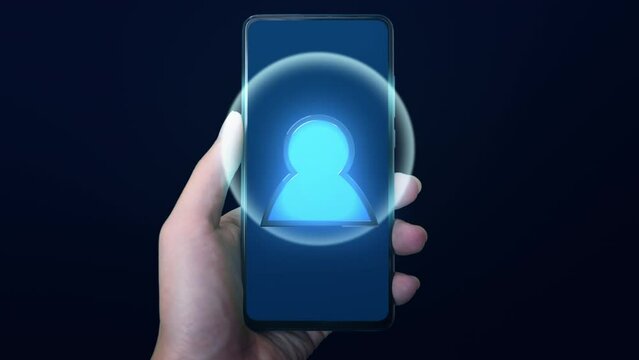 man hand holding phone with icon video conference meeting with effect sound talk on black background