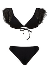Close-up shot of a black two-piece lace bathing suit with lace frill sleeves. The swimsuit has a...