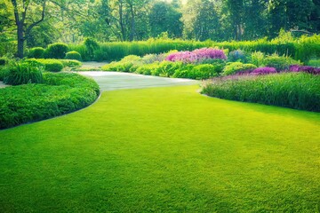 vlak, groen gazon met houten pad en heldere bloemen langs
