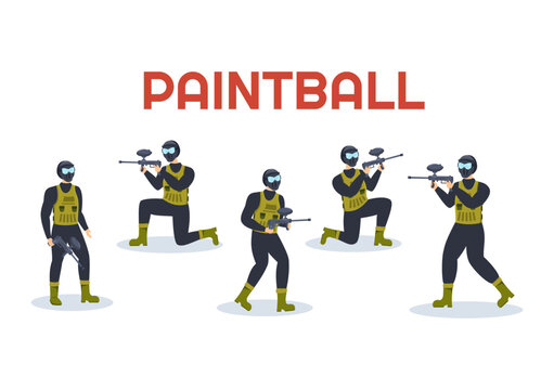 People Playing Paintball of Fighter Player Shooting with Gun Shoot, Aim, Attack in Field Scene in Flat Cartoon Hand Drawn Template Illustration