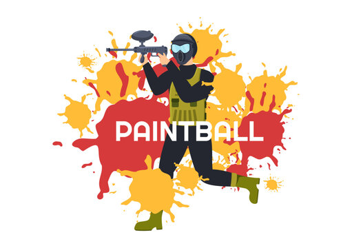 People Playing Paintball of Fighter Player Shooting with Gun Shoot, Aim, Attack in Field Scene in Flat Cartoon Hand Drawn Template Illustration