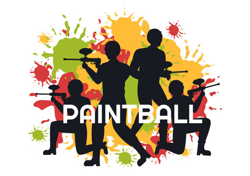 People Playing Paintball of Fighter Player Shooting with Gun Shoot, Aim, Attack in Field Scene in Flat Cartoon Hand Drawn Template Illustration