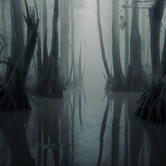 A foggy swamp. Dark and mysterious.	