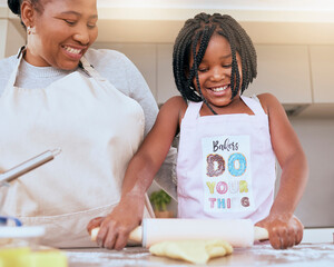 Black woman, girl or bonding and baking in kitchen of house or family home with help, support or...