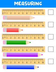 Measuring length  with ruler. Education developing worksheet. Game for kids.Vector illustration. practice sheets.Pencil measurement in centimeters
