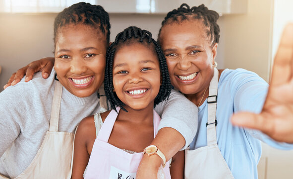 Black family, selfie and cooking in home kitchen with help, apron and happiness with girl, mother and grandmother for bonding time. Portrait and smile of child, woman and senior together for support