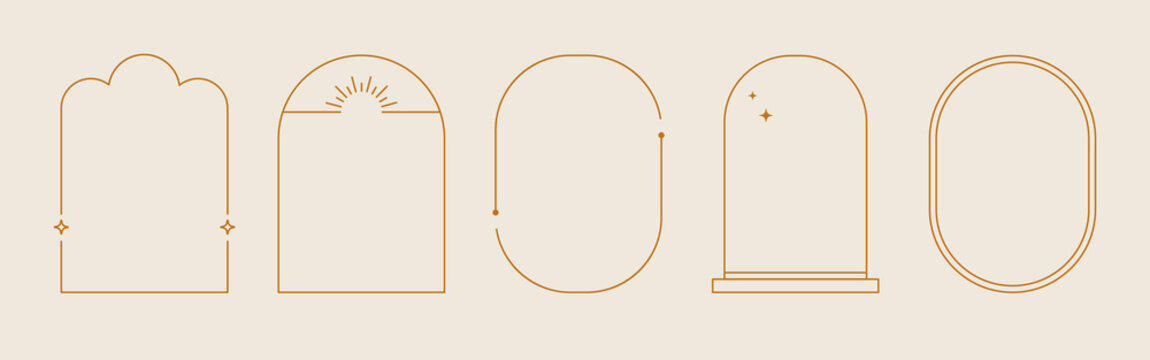 Line arch frame set. Minimal line style arch, oval shape boho frame element for badge, logo design. Vector illustration.