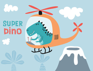 cute dinosaur on a plane.  Cartoon vector illustration. © andin