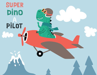 cute dinosaur on a plane.  Cartoon vector illustration.