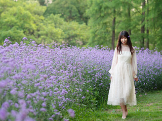 Obraz na płótnie Canvas Beautiful woman in white dress walking in purple Verbena Bonariensis flower field, charming Chinese girl with black long hair enjoy her leisure time outdoor.