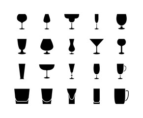 Drink glassware flat line icons set. Bar glasses, stemware for different drinks. Simple flat vector illustration for store, web site or mobile app.