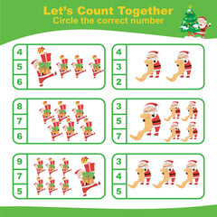 Counting game basic math with Christmas theme for kids. Let’s counting together worksheet. Educational printable math worksheet. Math game for children. Fun math for kids. Kawaii vector illustration