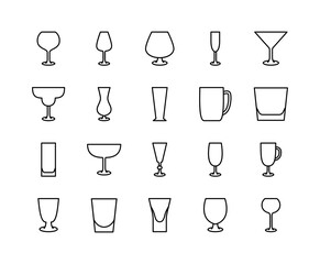 Drink glassware flat line icons set. Bar glasses, stemware for different drinks. Simple flat vector illustration for store, web site or mobile app.