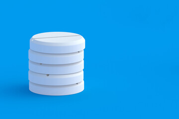 Stack of pills on blue background. Concept of healthcare and medical. Dosage of medications and vitamins. Copy space. 3d render