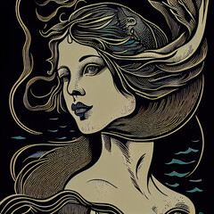 Woodcut print of a beautiful mermaid