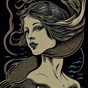 Woodcut Print Of A Beautiful Mermaid