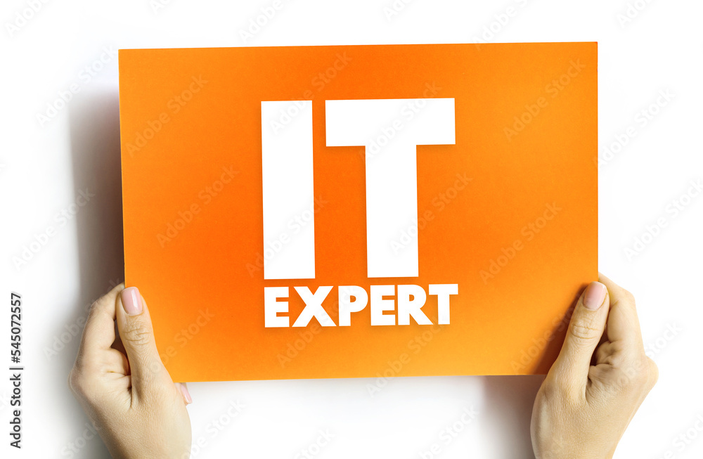 Poster IT Expert - identifies issues with hardware or software and works with users or on the back end of servers to quickly resolve those issues, text concept on card