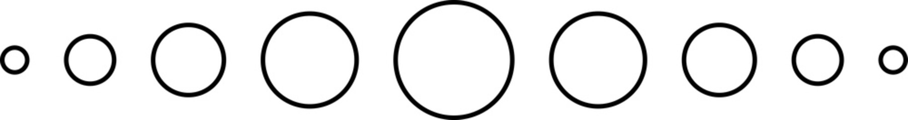 Nine outlined black circle shapes in a row, different sizes. Isolated png illustration, transparent background. Asset for overlay, pattern cards, montage, collage, mark making, flourish design.