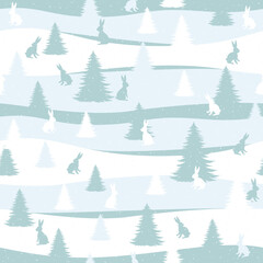 Obraz premium Seamless pattern with Christmas trees and hares. Christmas and New Year holidays. Creative vector background for fabric, textile, nursery wallpaper.