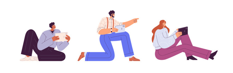 Young people using tablet PC for study, work. Active modern youth holding gadget device in hand, sitting on floor, speaking, listening. Flat vector illustrations isolated on white background