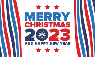 Merry Christmas and Happy New Year 2023. Magic holiday poster with snowflake. Winter celebration event. Christmas party. Congratulation card. Festive design template. Vector illustration