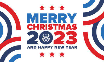 Merry Christmas and Happy New Year 2023. Magic holiday poster with snowflake. Winter celebration event. Christmas party. Congratulation card. Festive design template. Vector illustration