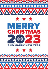 Merry Christmas and Happy New Year 2023. Magic holiday poster with snowflake. Winter celebration event. Christmas party. Congratulation card. Festive design template. Vector illustration