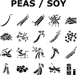 soy bean food pea green icons set vector. vegetable, vegetarian healthy, soybean seed, organic pod, plant fresh, protein soy bean food pea green glyph pictogram Illustrations