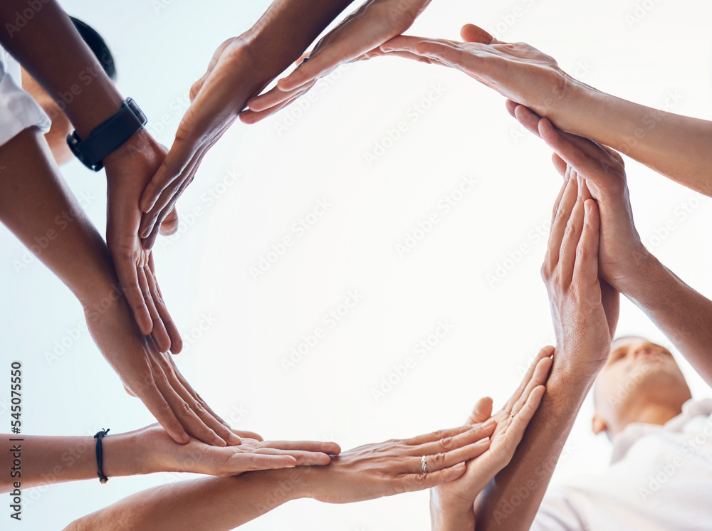 Poster Teamwork, circle and synergy hands of business people with support, collaboration and coworking in team building mock up. Integration, group formation and workflow sign of employee with support below