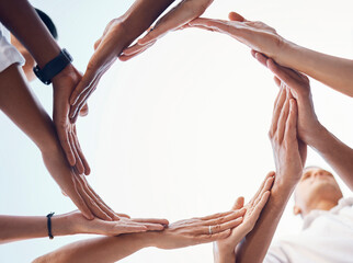 Teamwork, circle and synergy hands of business people with support, collaboration and coworking in...