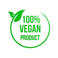 100% Vegan Product, Green Leaf Vector Label