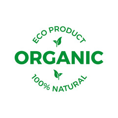 Organic Eco Product, 100% Natural, Green Leaf Vector Label