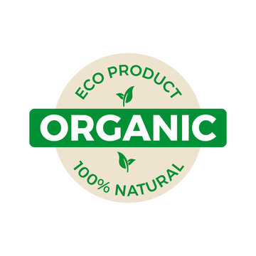 Organic Eco Product, 100% Natural, Green Leaf Vector Label