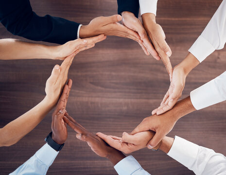 Business Diversity, Hands And Circle For Teamwork, Unity Or Trust In Support For Work Collaboration At The Office. Hand Of Diverse Employee Group In Solidarity For Agreement, Community Or Partnership